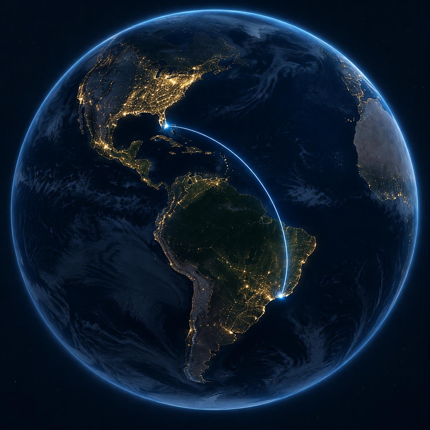 Globo destacando a conexão entre Estados Unidos e Brasil